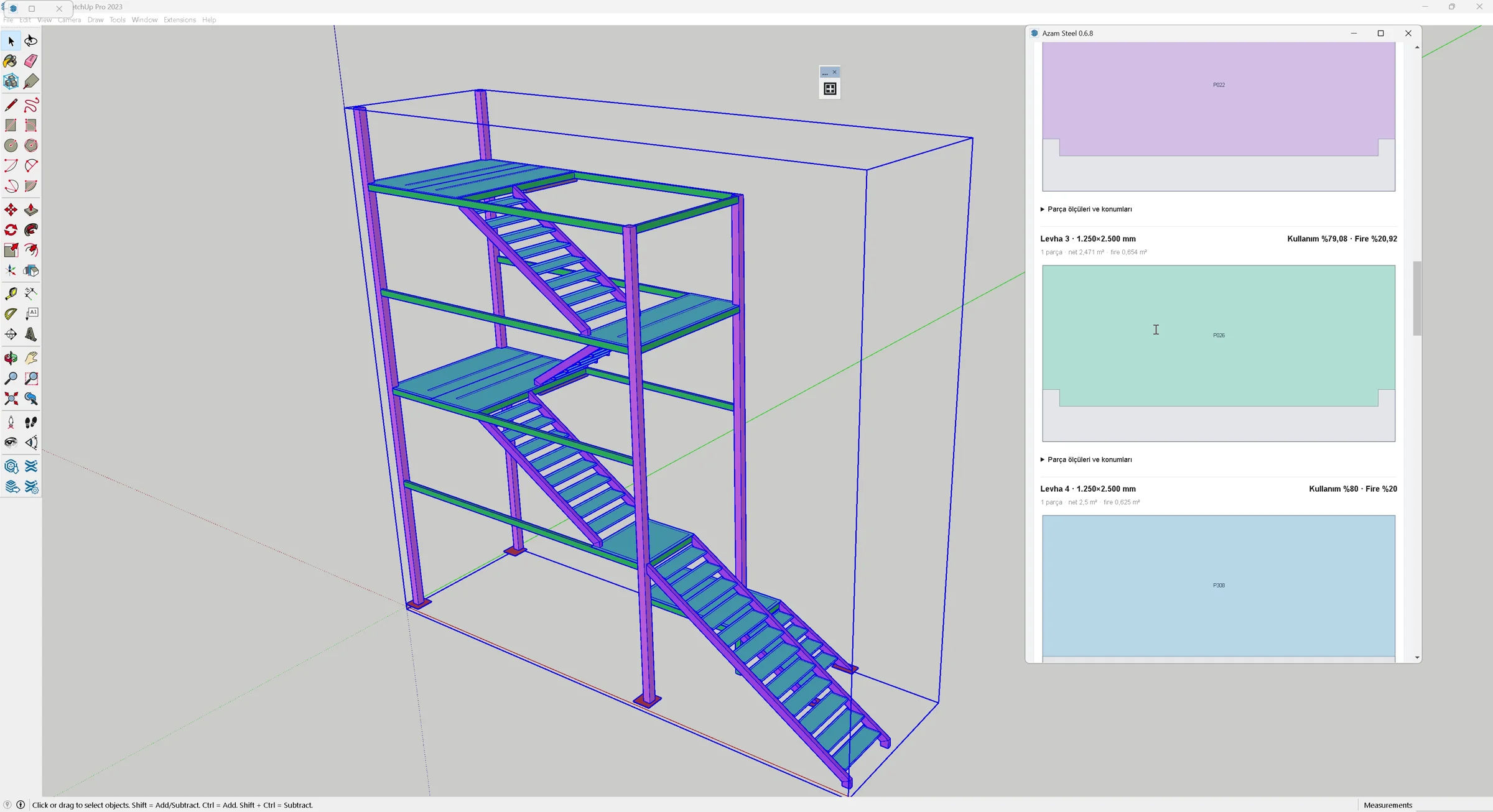 Azam Steel sheet nesting preview showing parts placed on steel plates