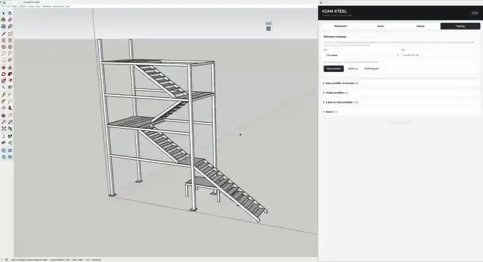 Azam Steel product walkthrough, showing real SketchUp screens from model analysis to production data
